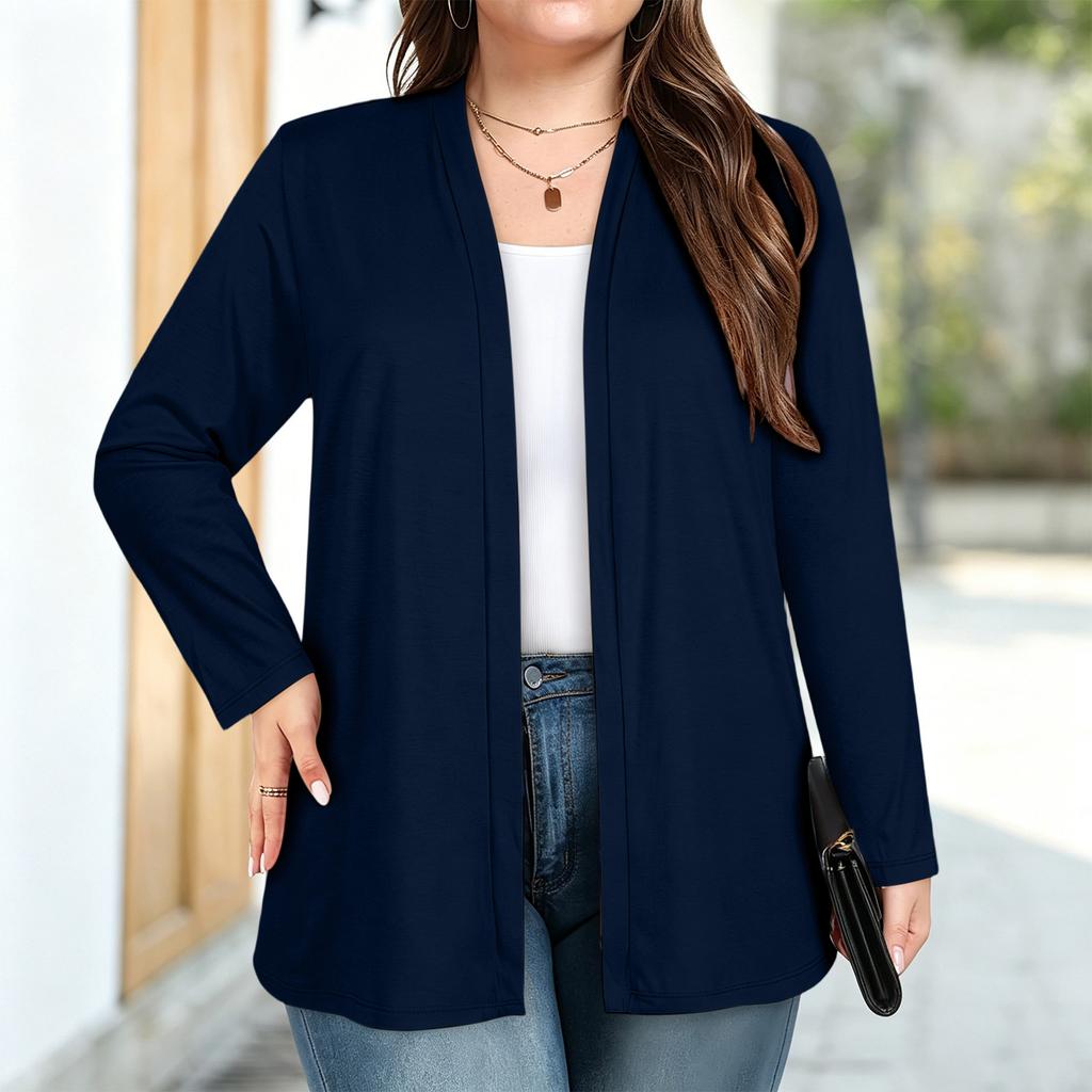 Women's Plus Size Soft Milk Silk Cardigan with Three-Quarter Sleeves and Pockets for Casual Everyday Wear