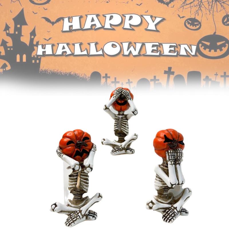 Delightful White Pumpkin Skull Set Three Resin Figurines Perfect For Halloween Parties