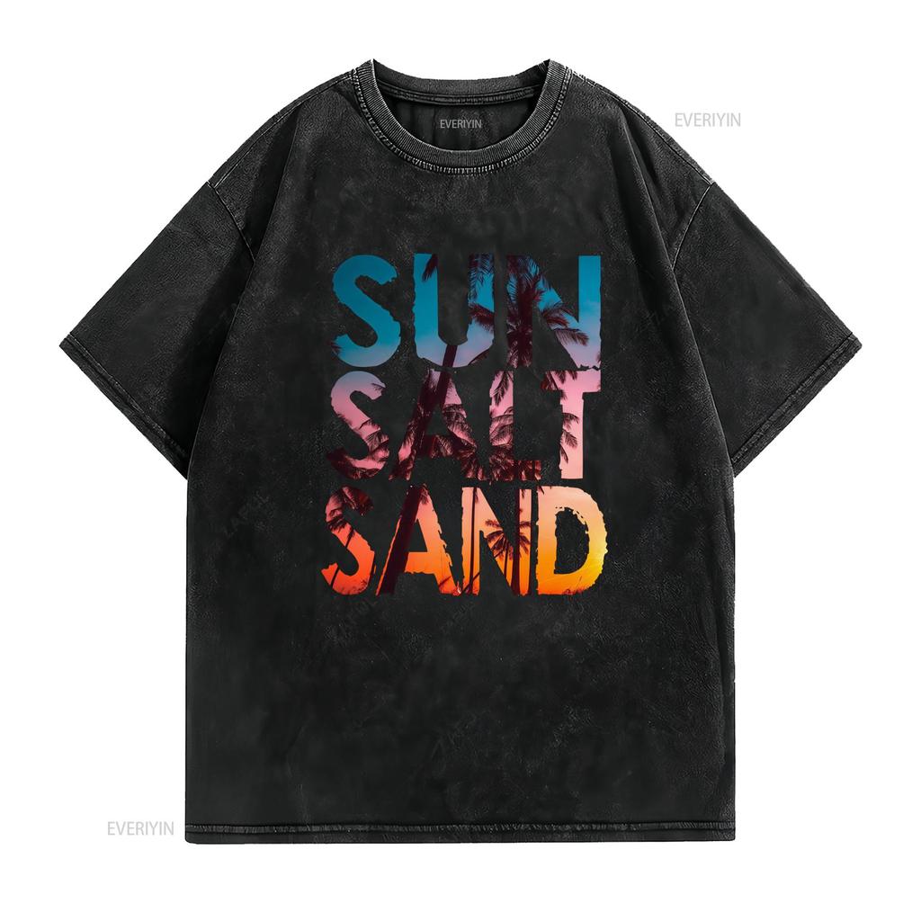 Vintage Summer Beach Sun Salt Sand Palm Tree Sunset Print Casual T Shirt Vintage Washed Soft Comfortable Breathable