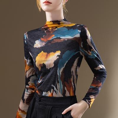 Halbhoher Basic-Pullover Damen neue Damenbekleidung Retro-Print Langarm-T-Shirt Temperament mit Taillen-Top
