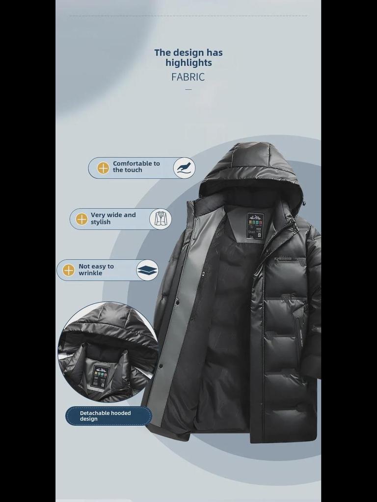 Men's Winter 2024 White Duck Down Hooded Mid-Length Jacket