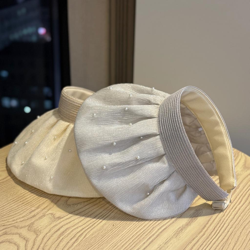 Spring and Summer New Pearl Eaves Empty Top Hat Women's Foldable Sunshade Sunscreen Hat Shows the Face Small Beach Versatile