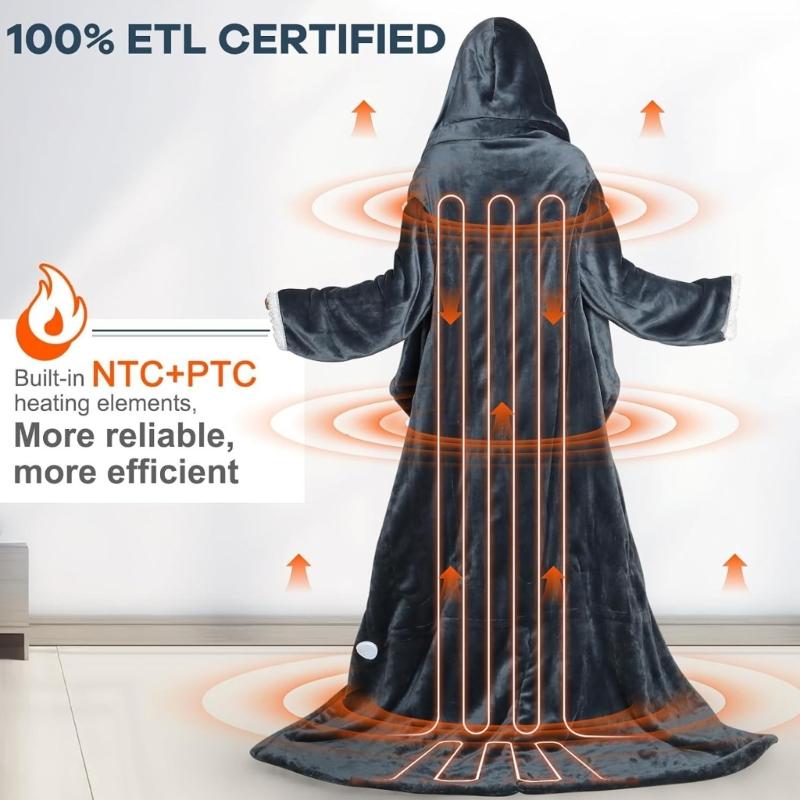 Manta Elétrica Macia Vestível com Bolso para Pés, Mangas e Capuz, Aquecimento para o Corpo Inteiro, Padrão dos EUA