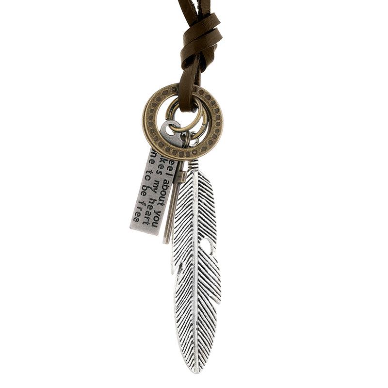 

Винтажное ожерелье с подвеской в ​​виде перьев для женщин и мужчин, регулируемая длинная кожаная веревочная цепочка дружбы, ожерелье, ювелирные изделия серебряный