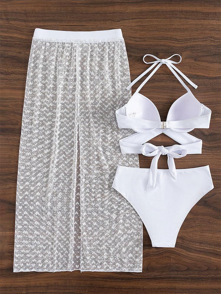 Women Solid Sexy Mesh Three Piece Bikini Swimsuit Beach Swimwear