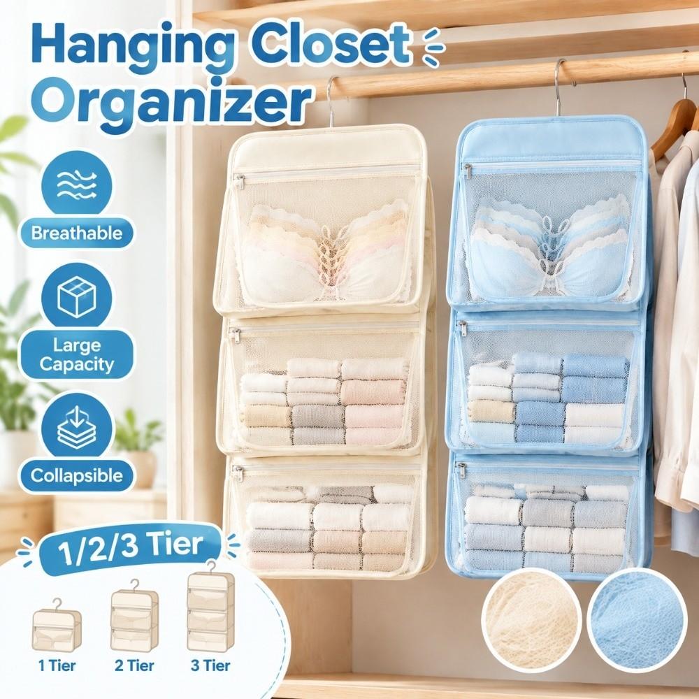 Large Capacity Underwear Net Pocket 1/2/3 Tier Mesh Storage Bag Hanging Closet Organizer Wardrobe