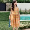 Girls' Summer Plaid Sleeveless Dress: Korean Style Loose Princess Dress for Middle and Older Children
