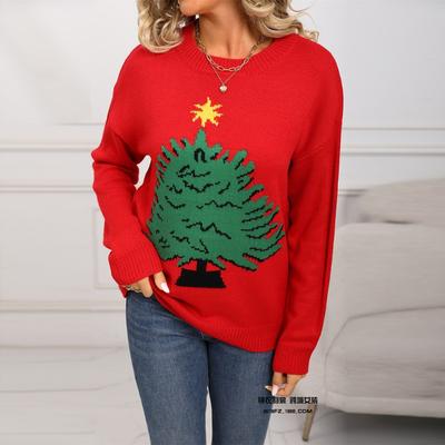 New Autumn and Winter Women's Red Sweater Pullover Long-sleeved Christmas Tree Sweater