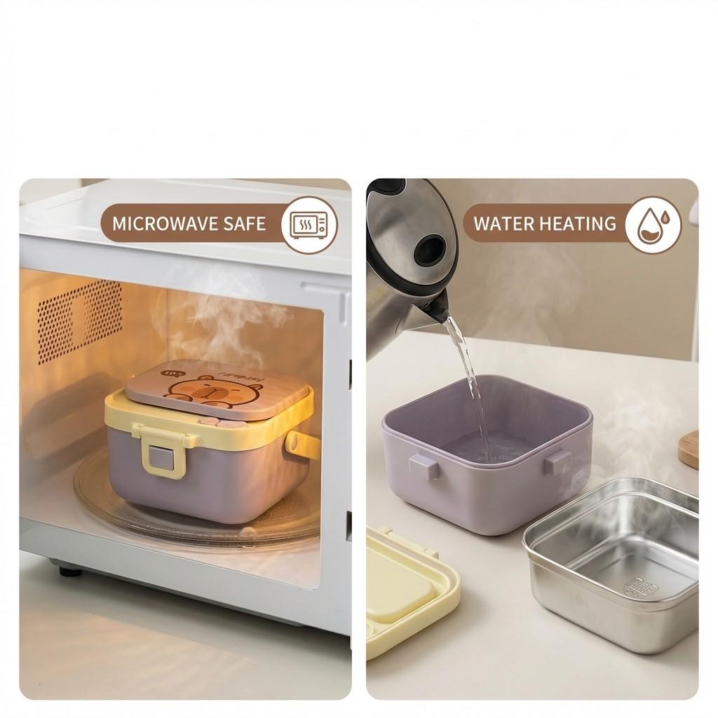 Quadratische 304 Edelstahl Bento Lunchbox mit Besteck & Griff Tragbarer Cartoon Obstsalat Lebensmittelbehälter für Kinder Schüler