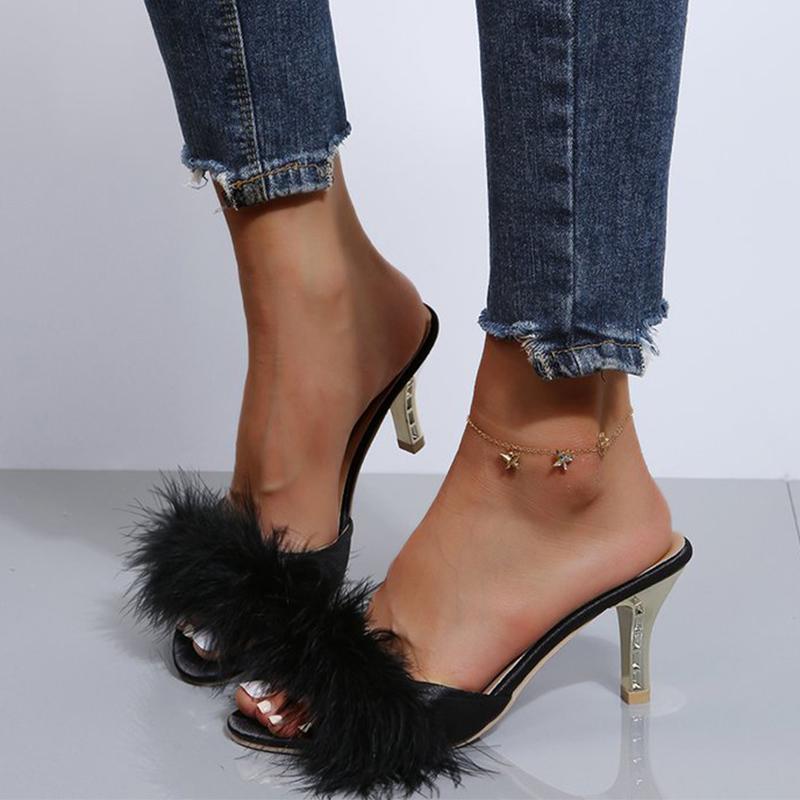 Fashion Summer Elegant Open Toe Plush Slippers for Women 2025 Suede High Heels Slippers Women Luxury Solid Thin Heels Woman Slides