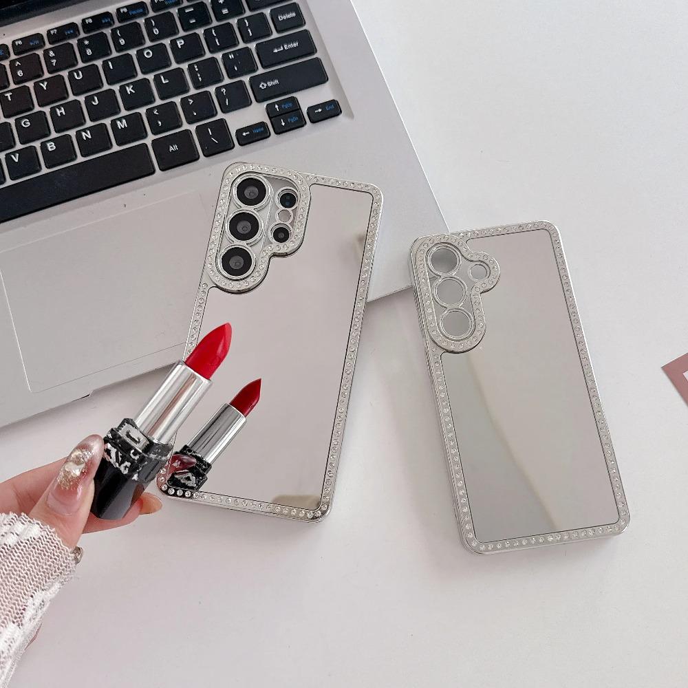 Luxury Plating Diamond Make Up Mirror Phone Case For Samsung S26 S25 S23 S24 Ultra Plus Acrylic Shockproof Makeup Mirror Cover