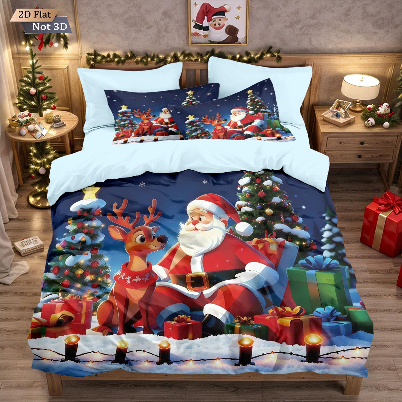 

3 шт. Постельный комплект без чипов с принтом «Счастливого Рождества, Санта-Клаус», Постельное украшение разных размеров, Удобный и машинная стирка 135x200cm-EU-Single&set