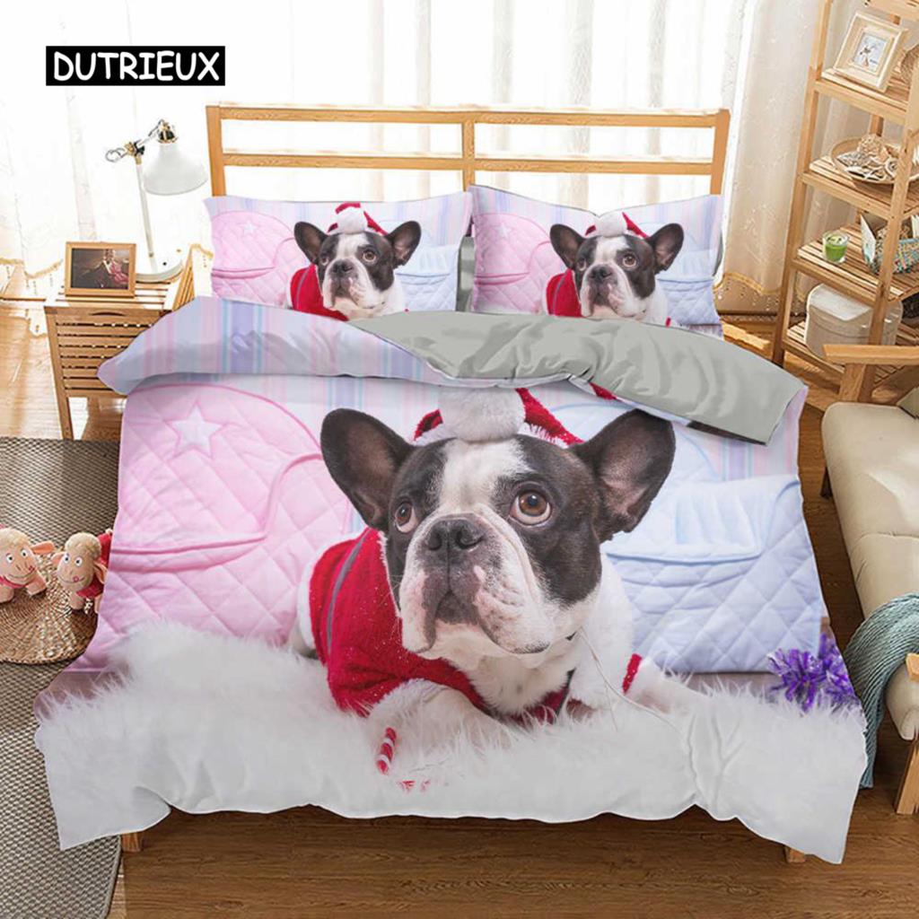 Sett med dynetrekk for fransk bulldog, King size, Søt valp, Dyretema, Sengetøy for barn og tenåringer, Polyester, 2/3 deler, Mykt dynetrekk