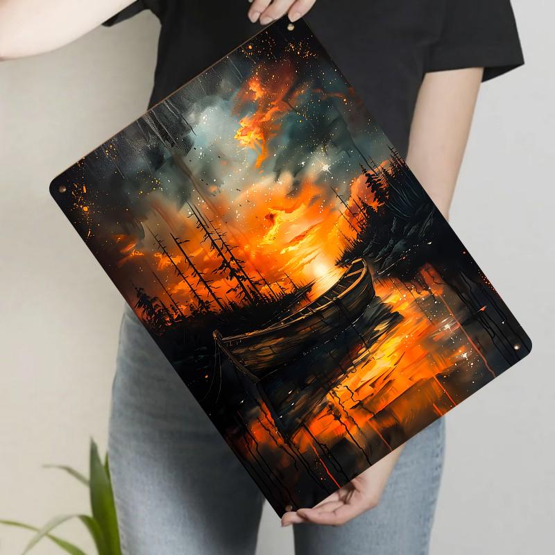 

Twilight Lake Lonely Boat Scenery Metal Wall Art Modern Home Decor Living Room Art Hanging Painting 20x30cm（7.8x11.8inch）
