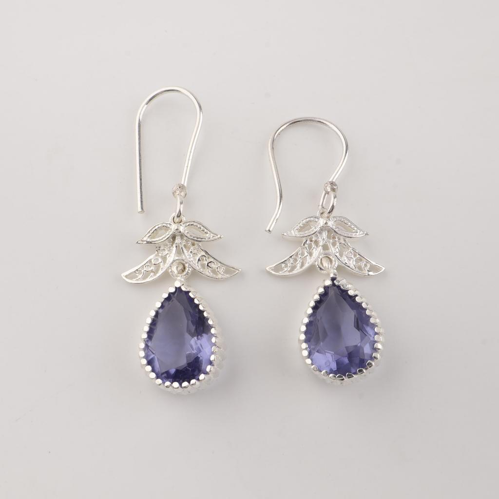 Iolite Gemstone Silver Earrings 925 Sterling Silver Handcrafted Jewelry For Women CE-27-8