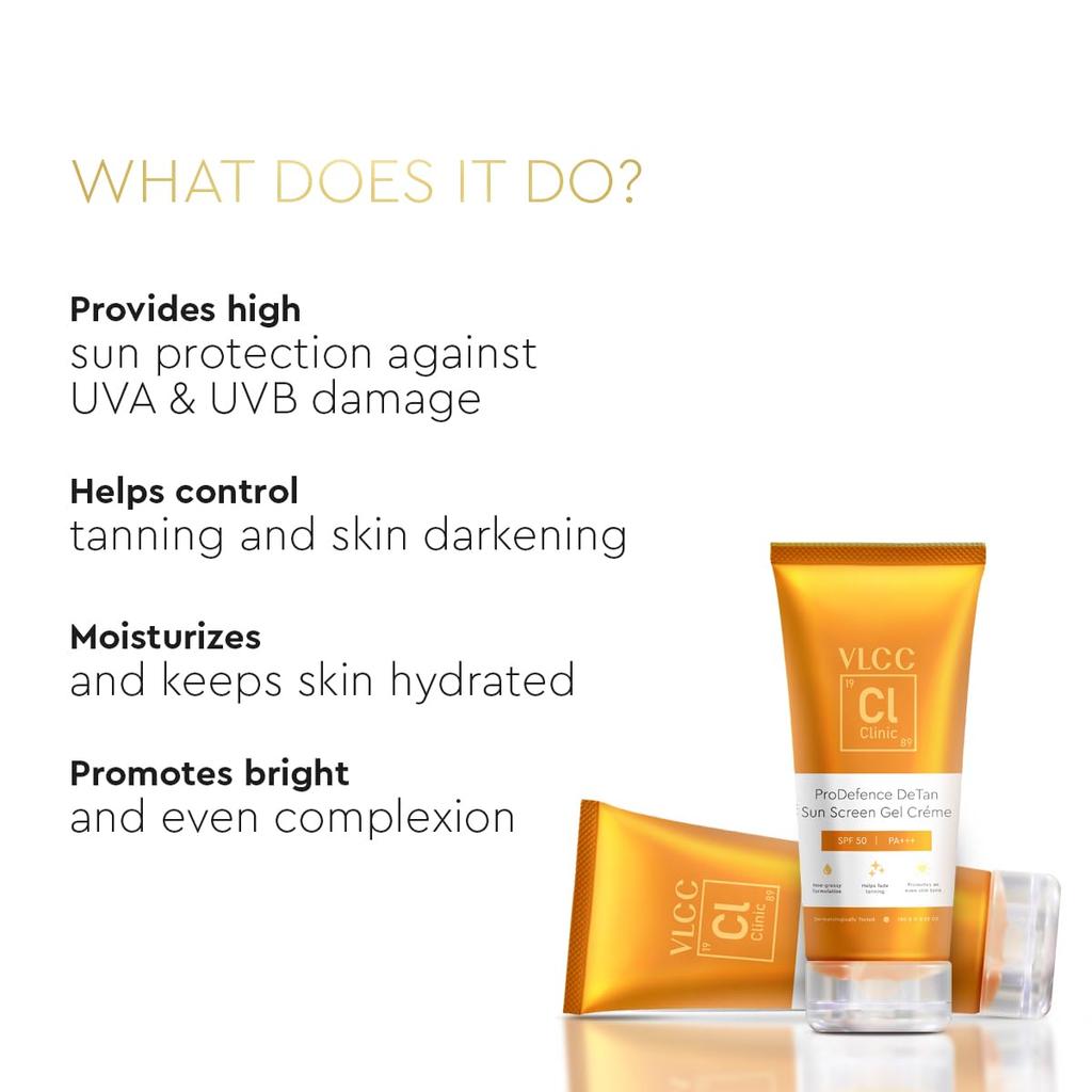 VLCC Prodefence De Tan SPF 50 Sunscreen Gel Creme For Sun And UV Protection With Brightening Care 100 g All Skin Types