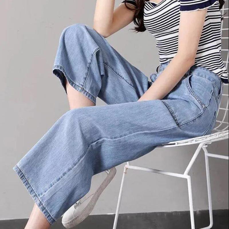 Korean Style Loose Student Wide-leg Jeans Women Summer Thin Simple Straight-leg Pants Women's High Waist Cropped Trousers