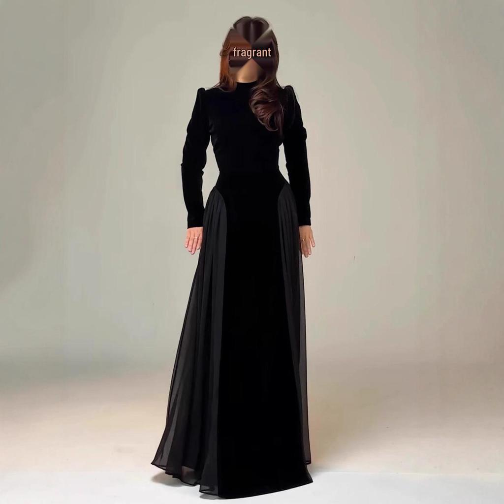Spring 2026 Women's Gold Velvet Chiffon Slim-Fit Dress