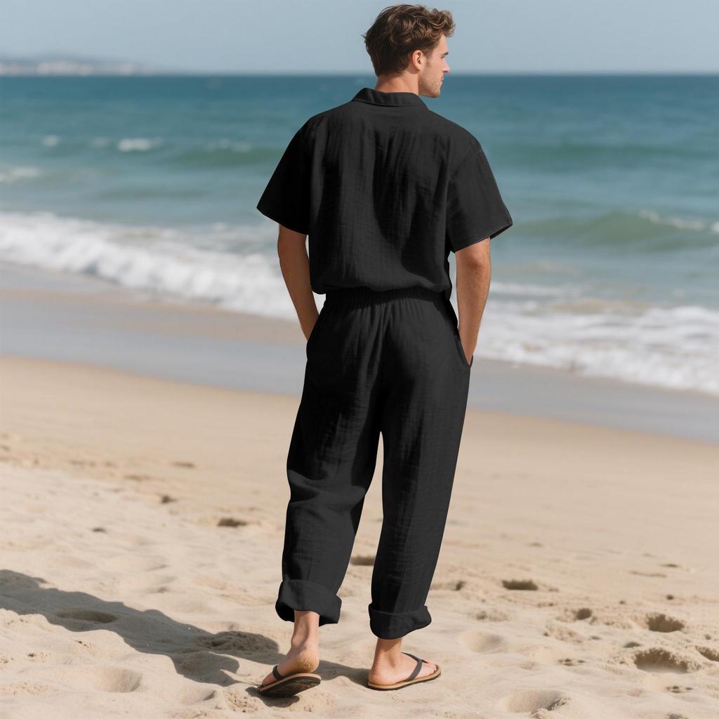 Men's European Linen Summer Two-Piece Set: Short-Sleeve Shirt & Long Pants for Travel or Beach