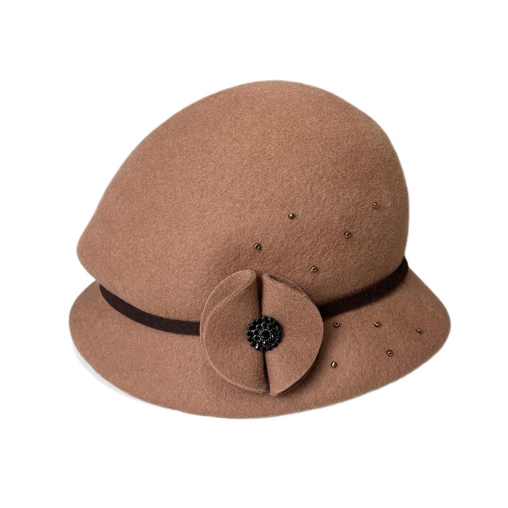 Ladies Autumn And Winter Woolen Woolen Pot Hat Elegant Flower British Retro Styling Felt Top Hat Fashionable Warm Bucket Hat