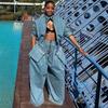 Two-Piece Retro Denim Workwear Set: Wide-Leg Trousers & Short Jacket for Women