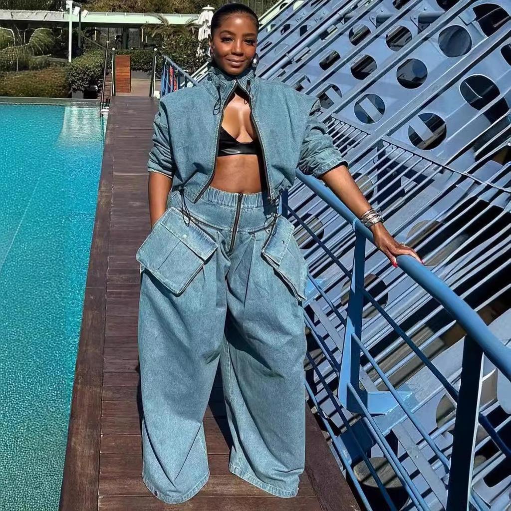 Two-Piece Retro Denim Workwear Set: Wide-Leg Trousers & Short Jacket for Women