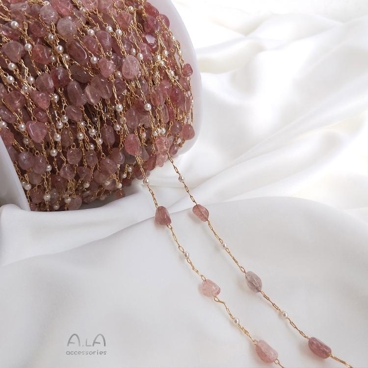 14K Gold-filled Color-preserving Handmade Korean Chain with Strawberry Quartz, Labradorite, and Amethyst Rectangular Beads for DIY Bracelets