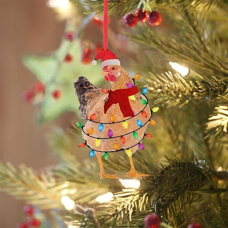 Christmas Scarf Chicken Holiday Decoration Wooden Pendant 5Pcs for Xmas Tree Home Party Front Door Wall Window Hanging Ornament