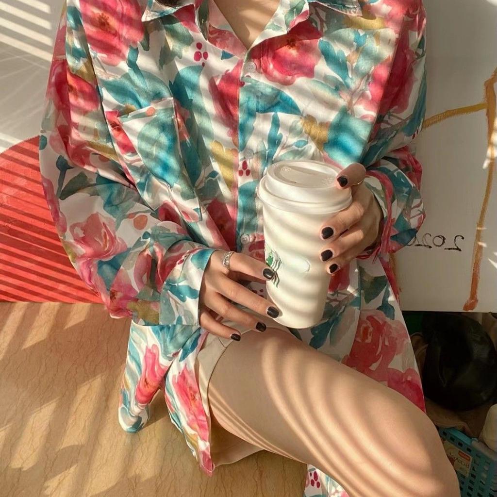 Korean-style Loose Textured Shirt with Ink Wash Printed Flowers High-end Floral Shirt with A Sense of Design