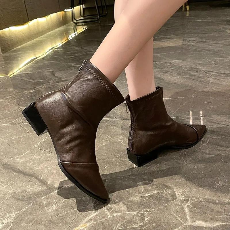 2025Autumn New Fashion Women Ankle Boots Shoes Fashion Pointed Toe  Square Low Heels Casual Winter  Footwear