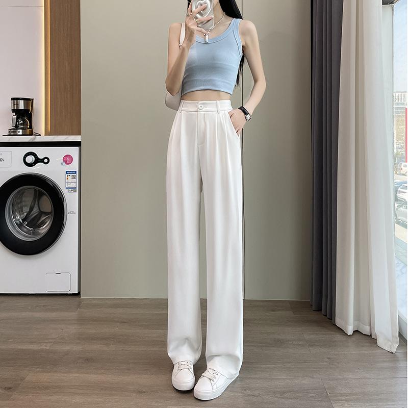 Wąskie drapowane spodnie szyfonowe Spodnie z szerokimi nogawkami dla kobiet Plus size Wysoki stan Jedwab lodowy Proste nogawki Wszechstronne spodnie garniturowe Cienkie letnie