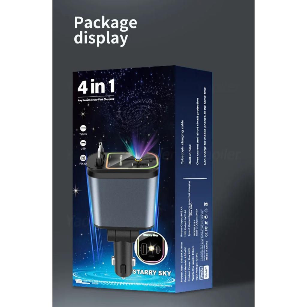 Upgraded 120W PD+USB Quick Charger with 2 Retractable Cable Fast Charging Car Phone Charge W/ Ambient Light 4 In 1 Power Adapter