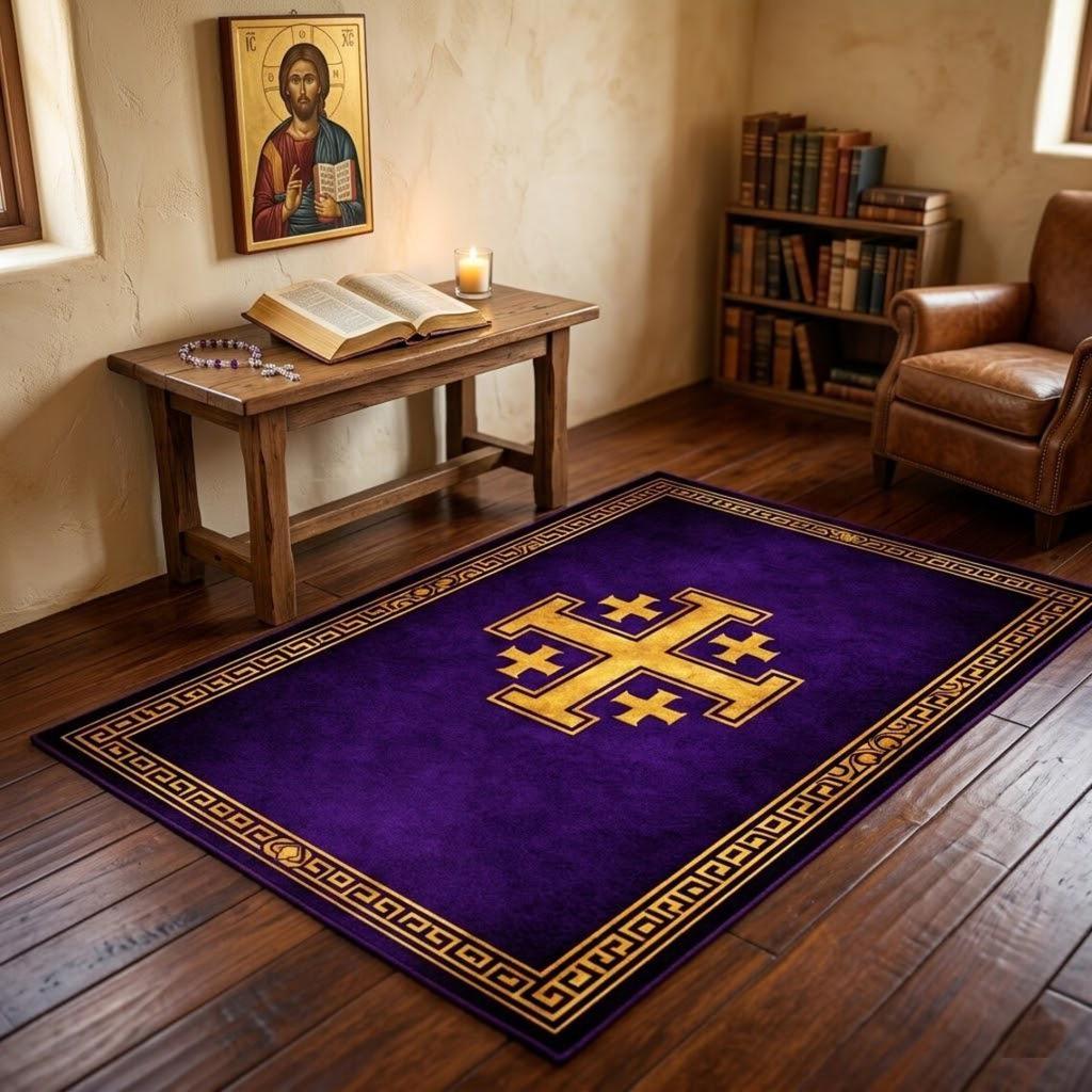 Jerusalem Cross Prayer Rug Non-slip Soft Altar Floor Mat Christian Religious Meditation Carpet Catholic Home Decor