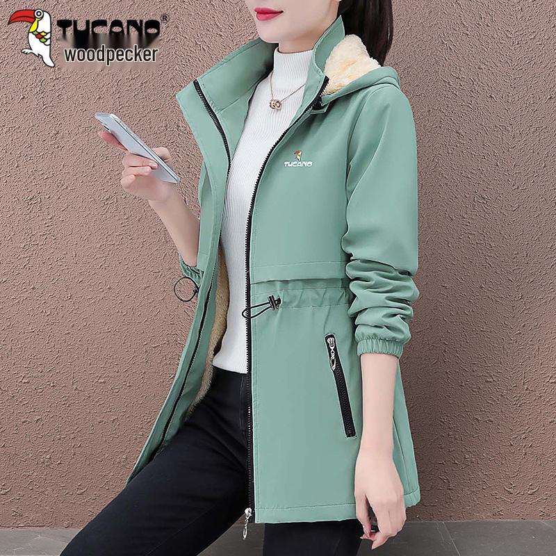 Women's Mid-length Hooded Windproof Fleece-Lined Jacket - Autumn/Winter 2025 Style