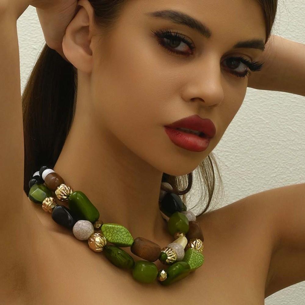 Double-row Green Tone Choker Geometric-shaped Boho Statement Collar Trendsetters