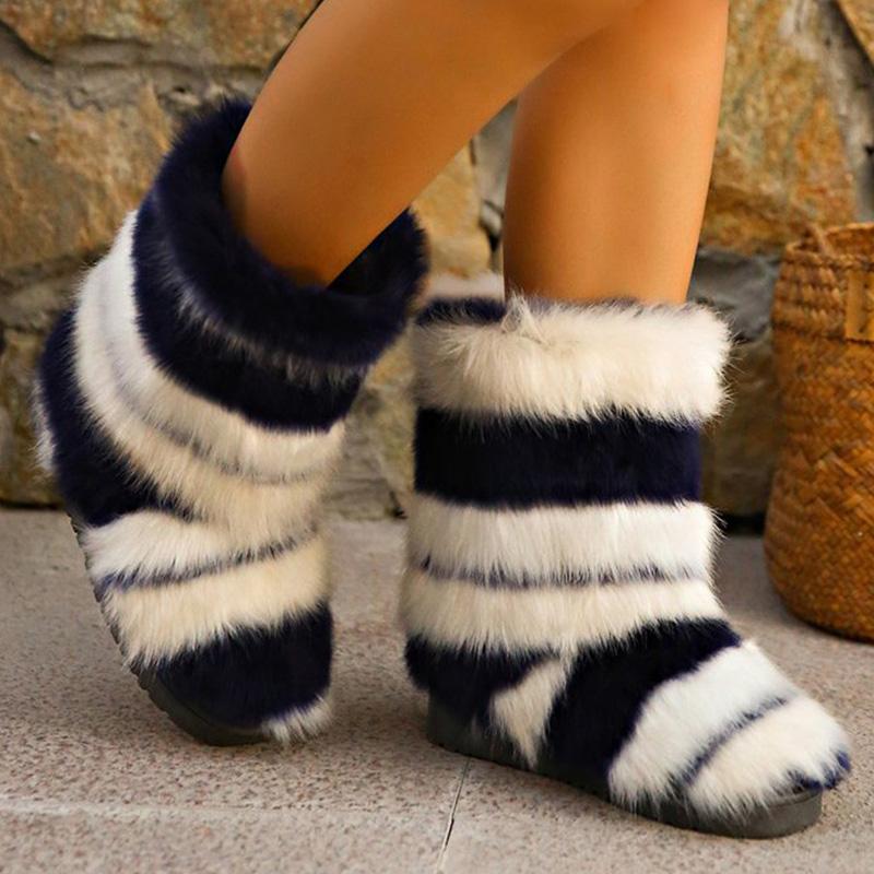 Fashion Black White Striped Snow Boots Women Soft Furry Keep Warm Snow Boots for Woman Winter 2025 Non Slip Short Plush Botas Lady