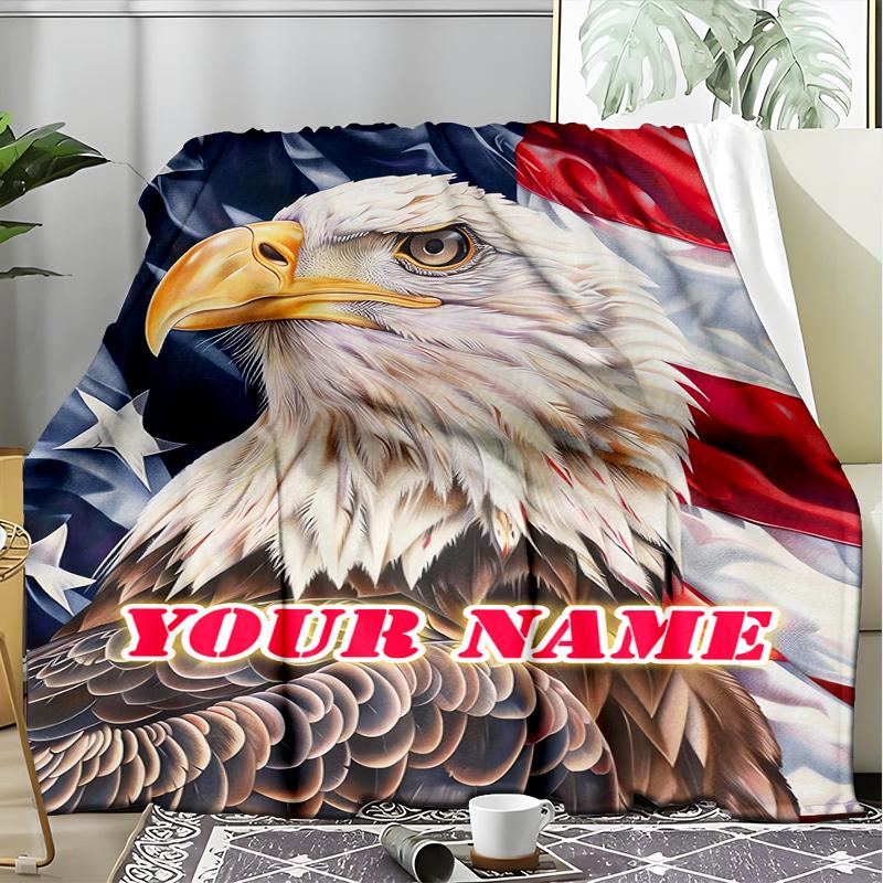 1PC Custom Name Eagle Pride American Flag Outdooor Flannel Blankets Patterns Throw Blanket All-Season Soft Gift for Couch, Bed, Camping Gifts