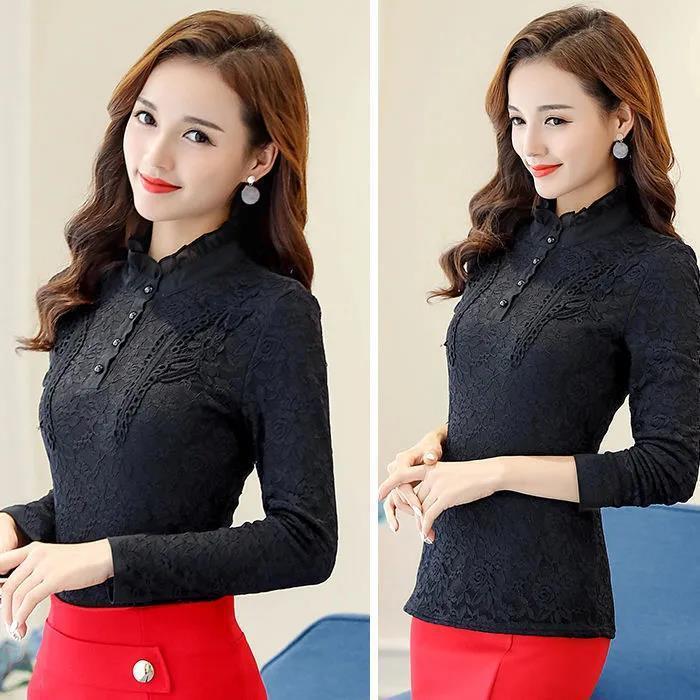 Camicia da Donna a Maniche Lunghe in Pizzo - Stile Coreano 2021, Taglie Forti, Moda Autunno/Inverno.