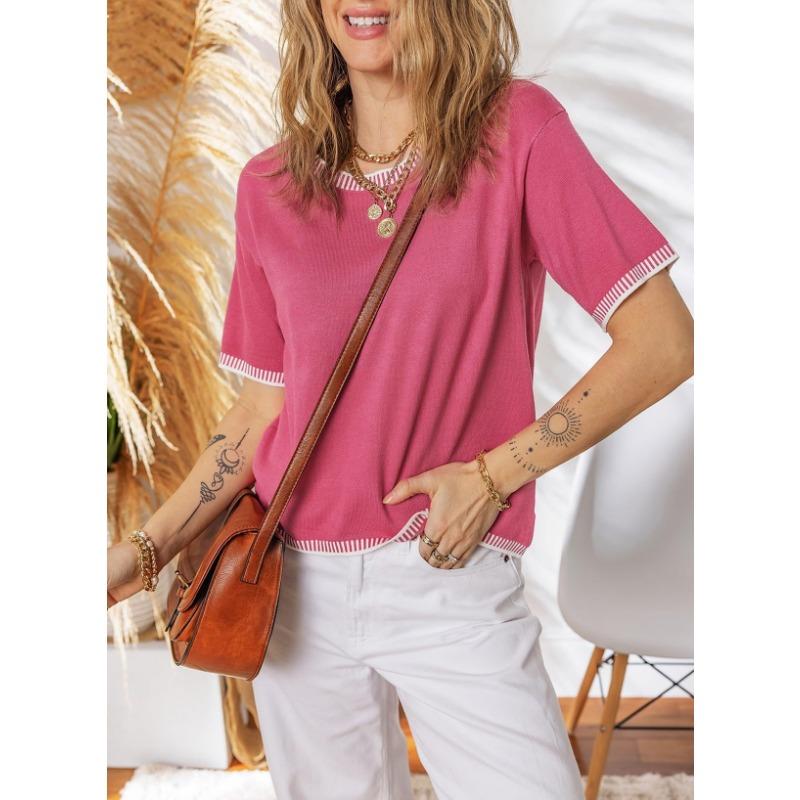 Color Contrast Ribbed Round Neck Short Sleeve Knit Pullover Sweater For Women