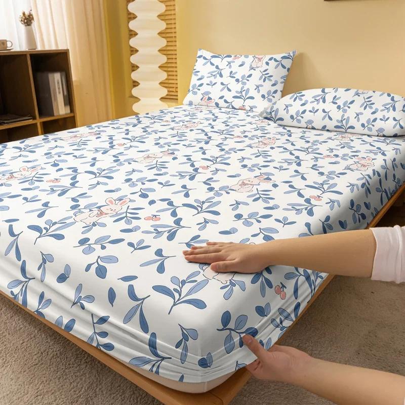 Cartoon 1 Cute Plant Flower Rabbit Printed Matte Fitted Sheet, Bedroom Printed Bed Cover, Bedding Excluding Pillowcases