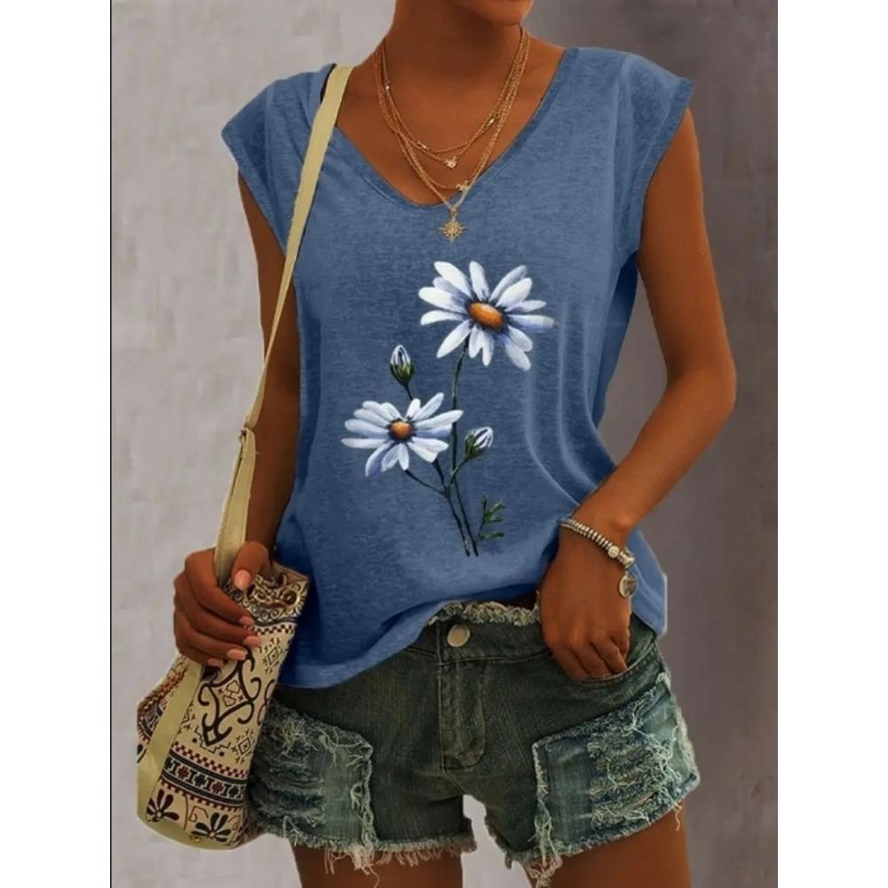 Summer Women 5 Color Ladies Fashion Floral Print Casual Tank Top Loose Sleeveless Tank Top V Neck Female T Shirt
