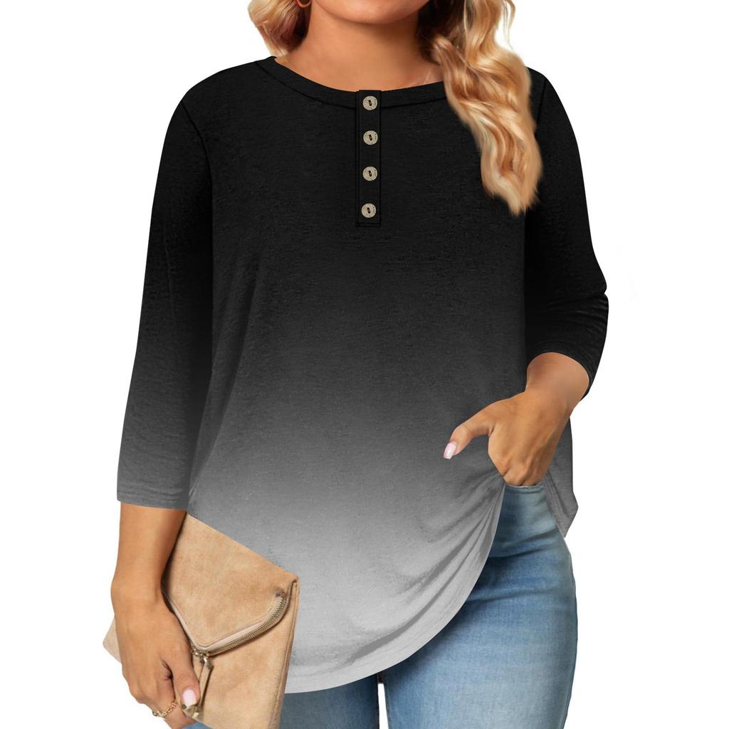 Women's Large Size Print 3/4 Sleeve Button Collar Top T-Shirt Bottoming Shirt