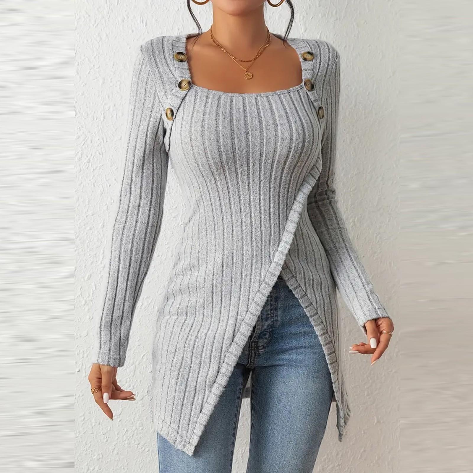 Women s Fashion Casual Long Sleeve Colour Square Neck T-Shirt Button Decoration Irregular Hem Top XL