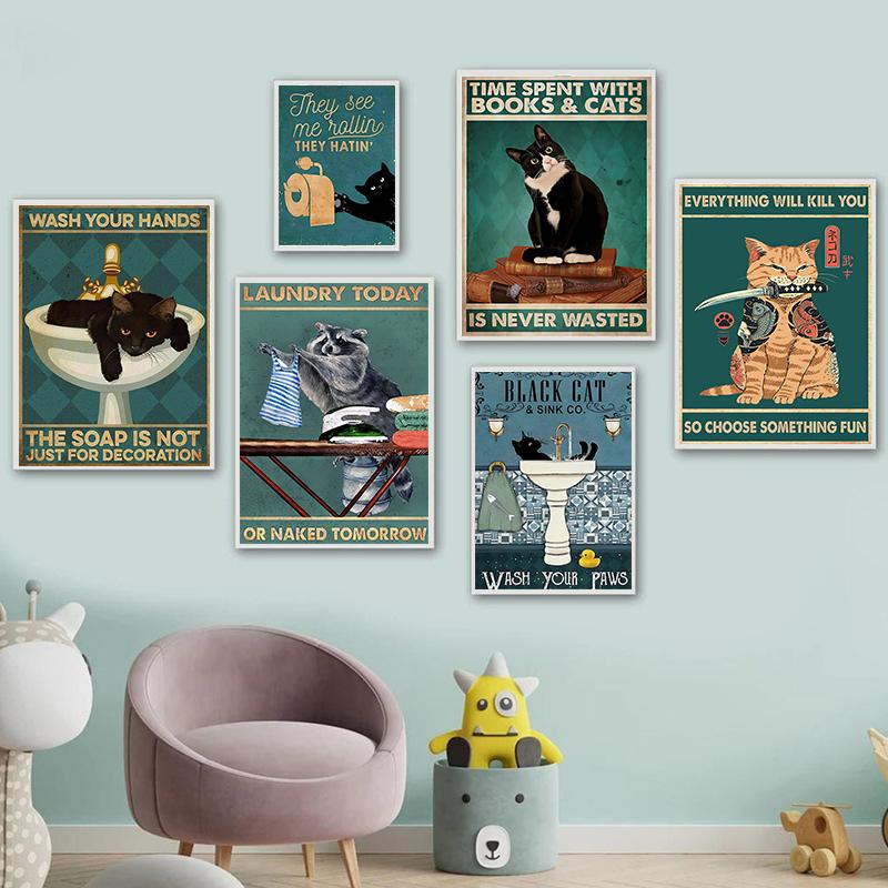 Funny Animal Wall Art Canvas Painting Fancy Sweet Cat Canvas Art Poster and Prints for Bathroom Living Room Home Decor Pictures