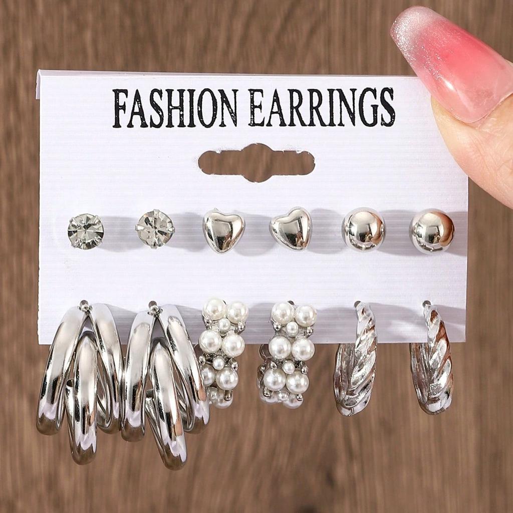 European and American style metal earrings square geometric earrings retro imitation pearl earrings Hepburn style earrings set