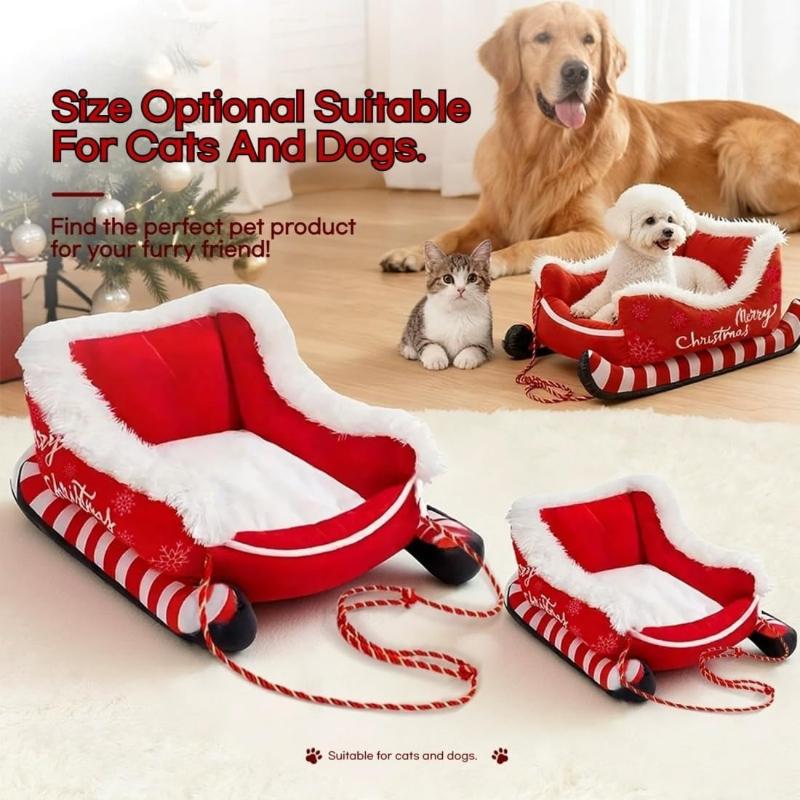 Sleigh Style Pet Sleeping Bed Fluffy Fleece Lined Dog Sofa Cushion Ultra‑Soft Non‑Slip Winter Christmas Decoration for Cats Dogs