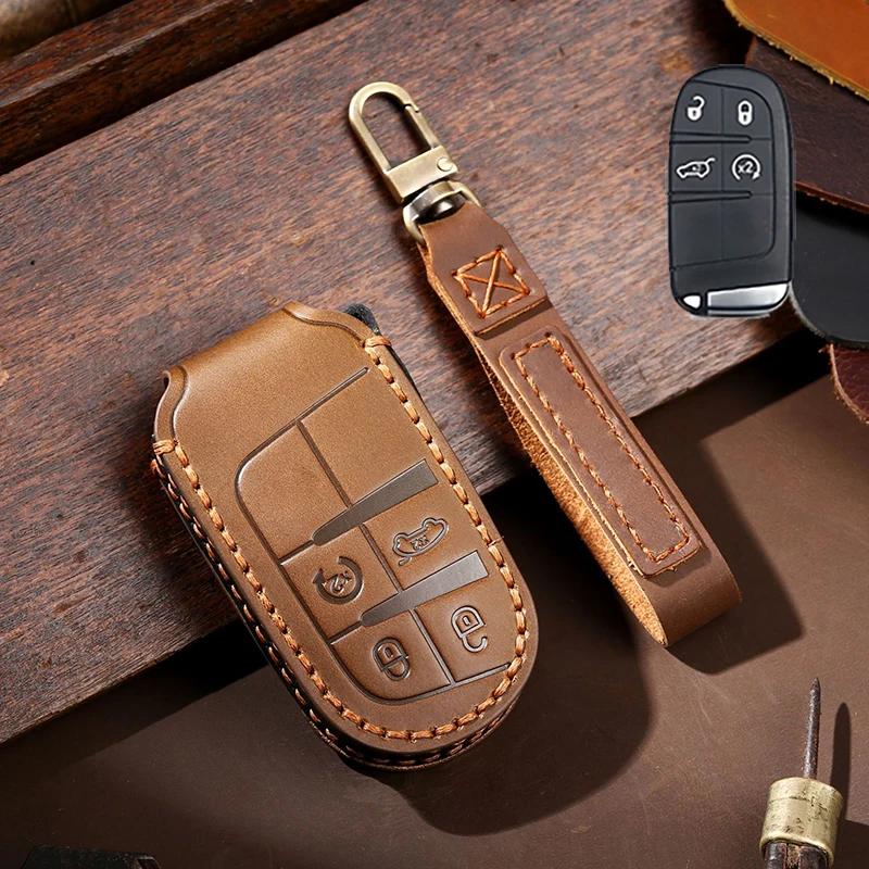 Leather Car Key Case Cover Fob For Jeep Renegade Grand Cherokee For Dodge Ram Charger 1500 Challenger Chrysler 300C Journey