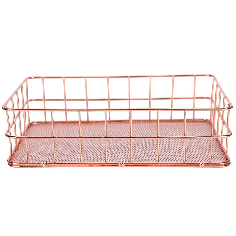 Iron Grid Wire Storage Basket Rose Gold Multipurpose Wire Storage Organizer 24.1× 16.2× 6.4cm Exquisite Metal Storage Organizer
