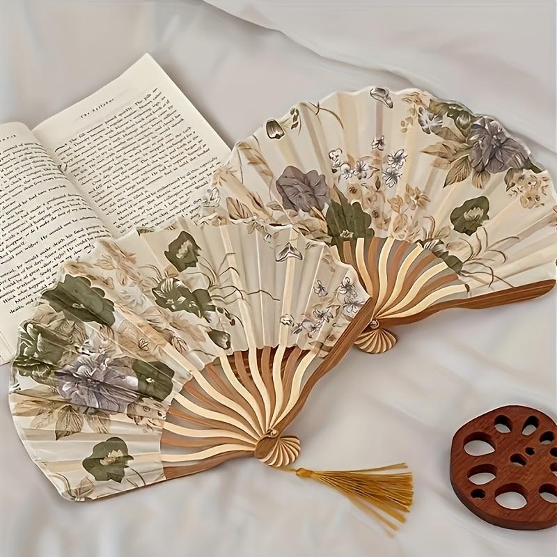 1pc Elegant Vintage Chinese Ink Wash Folding Fan with Floral Design & Tassel - Portable Handcrafted Dance Accessory for Women/Men