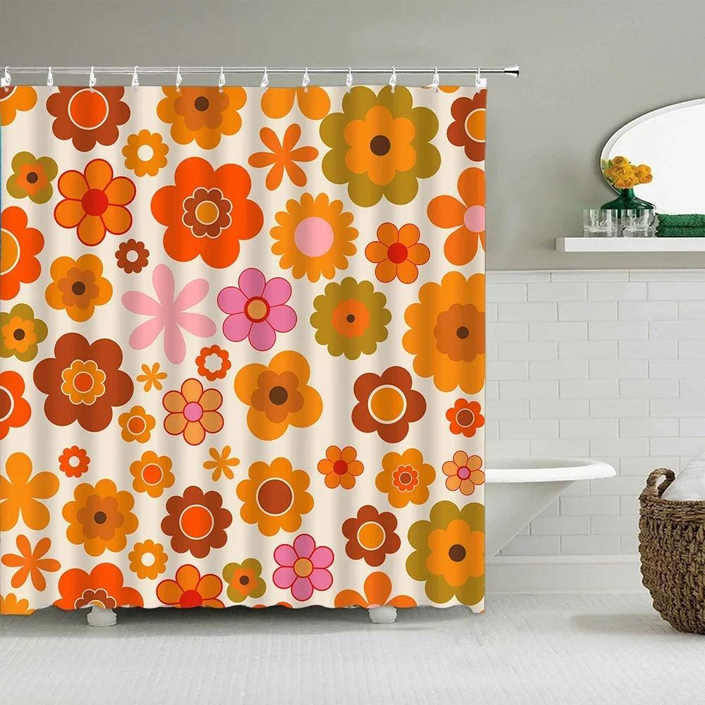 Vintage Rainbow Floral Shower Curtain 70S Colorful Stripe Fun Elegant Bohemian Abstract Style Bathroom Decoration Shower Curtain